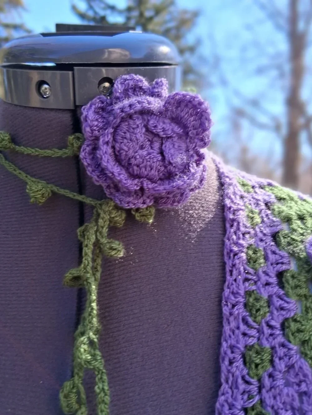 Purple 3D Floral Fringe Granny Square Sweater and Rose Wrap Choker M/L - Picture 10 of 12